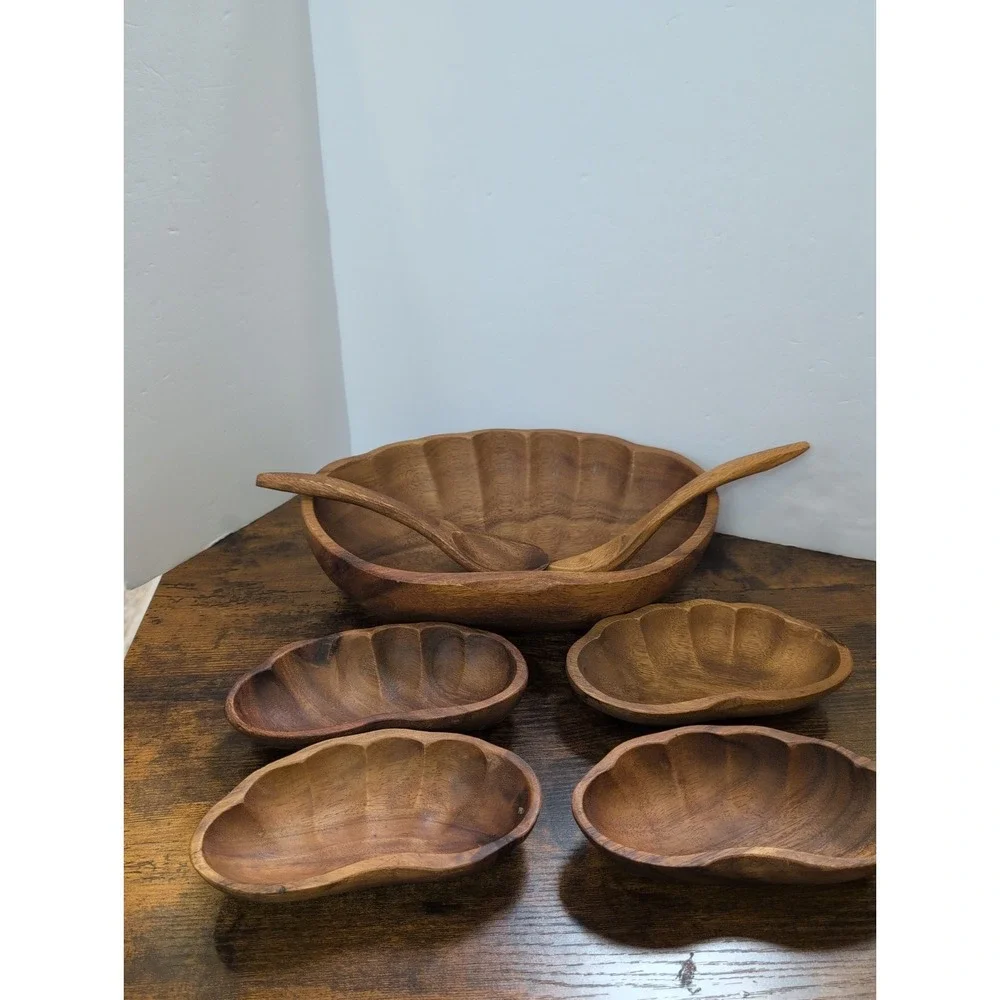 Vtg Handcrafted Wooden Salad Bowl Set Large Bowl / 4  Bowls /Salad & Utensils
